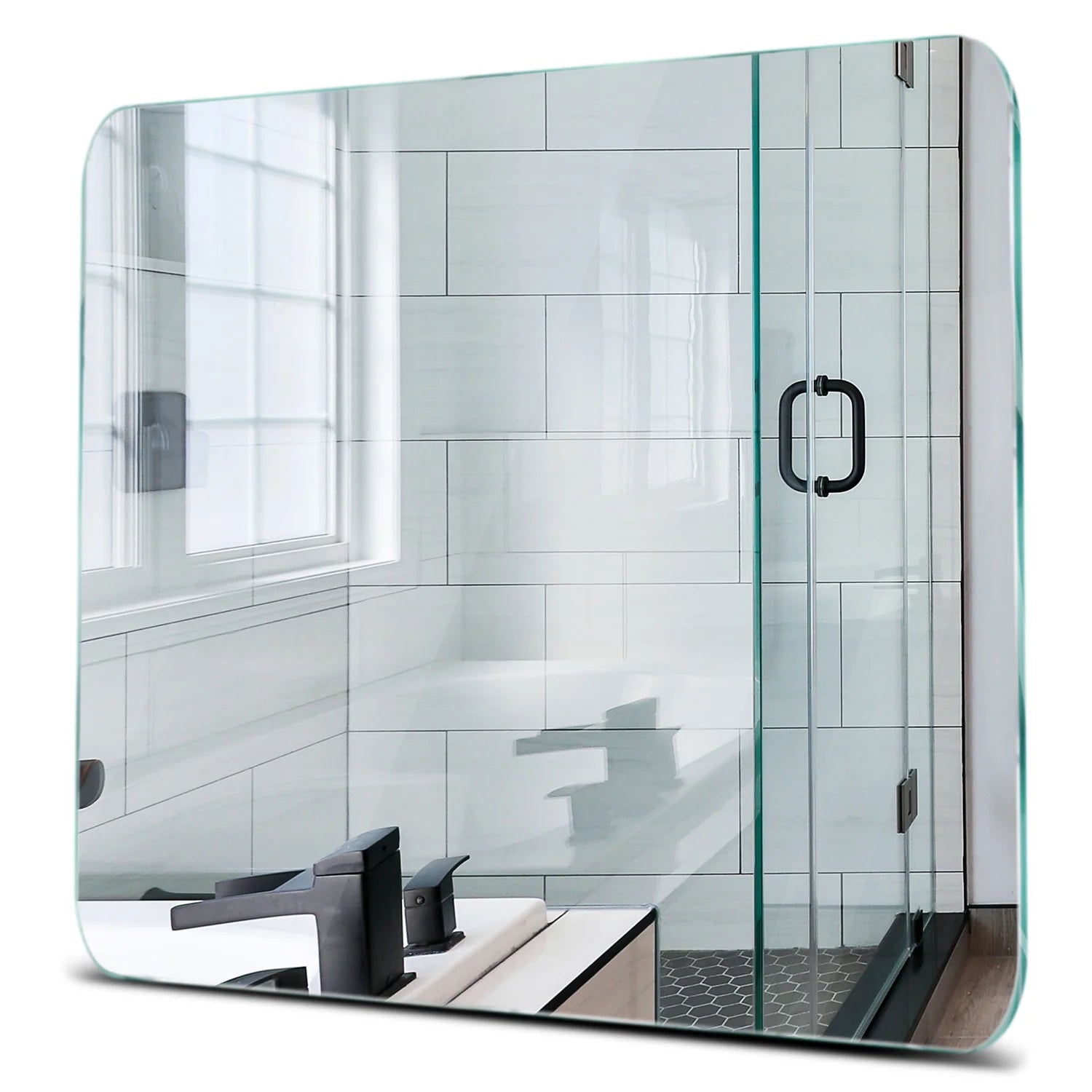 Oglinda simpla clara fara prindere cu lipire prin adeziv Patrata colturi rotunjite R85 mm 50x50 cm Reflect